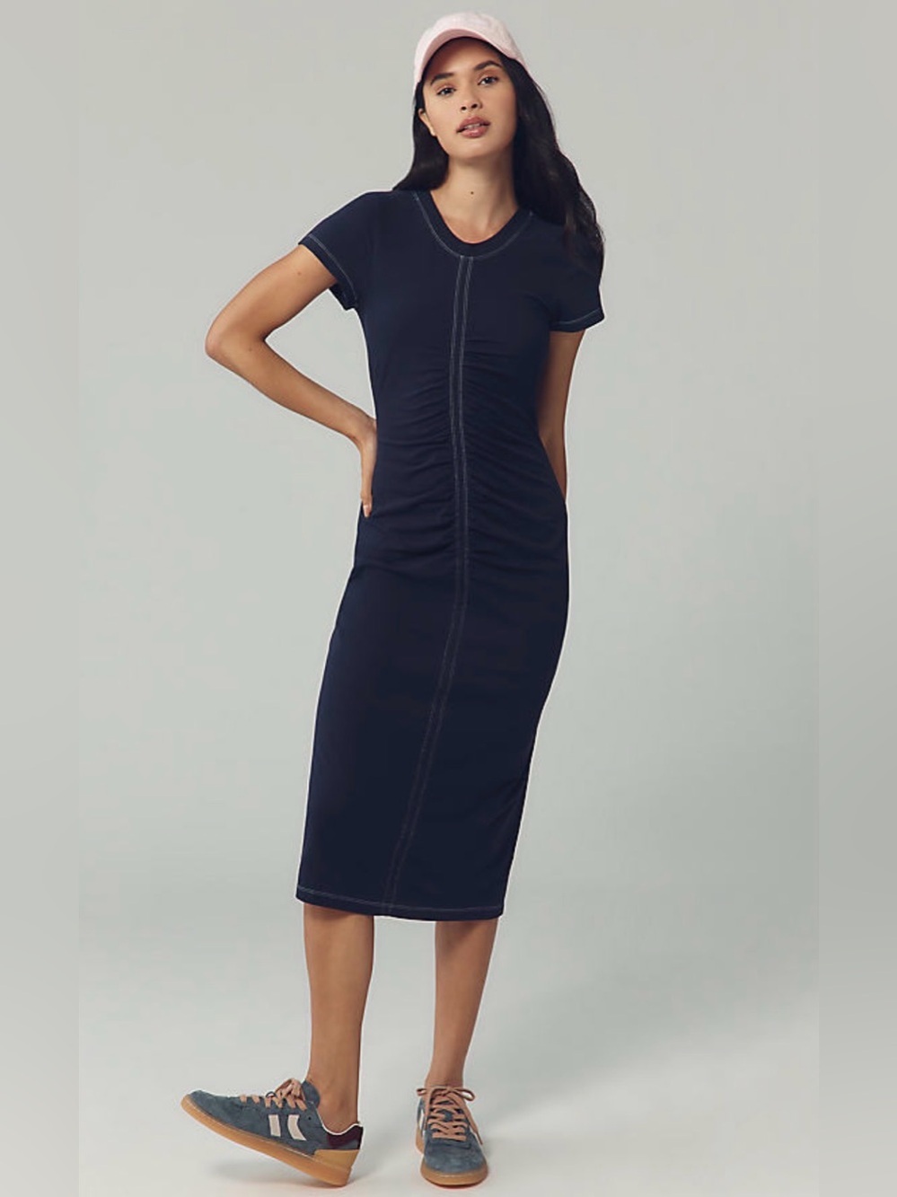 Anthropologie NWT Navy Ruched Seam cotton Bodycon Tee Dress XXS